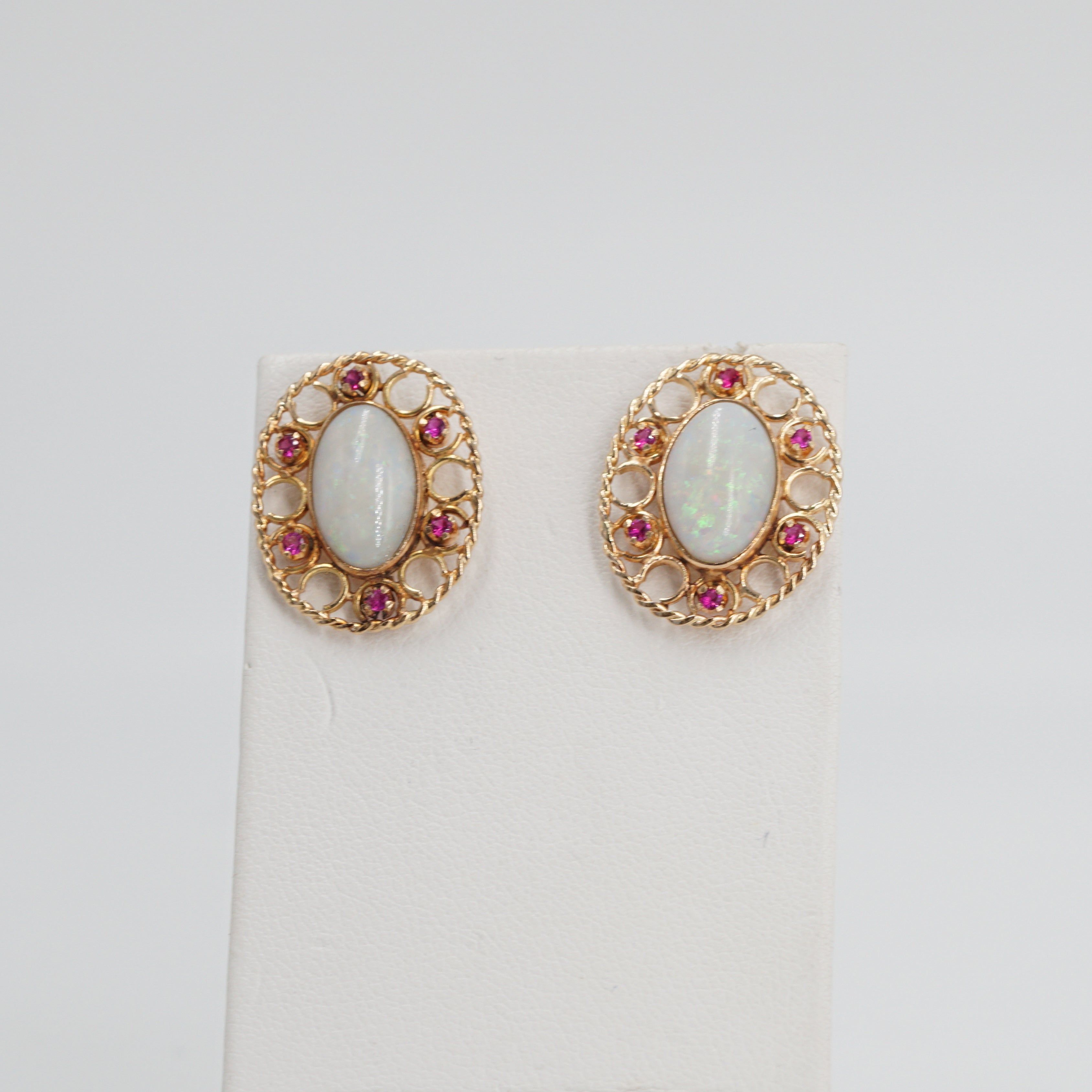 14K Gold Open Work Opal Earrings with Ruby Accents and Screw On