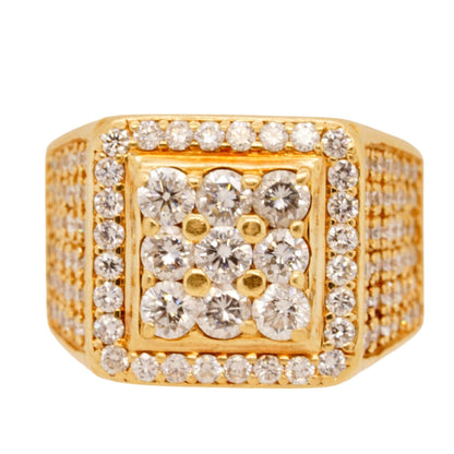 14K Gold Square Cluster Diamond With Round Diamond Halo Gents Ring