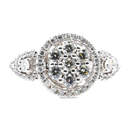 14K White Gold Round Diamond Clusters And Halos Ring