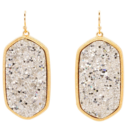 Gold Tone Frame Silver Drusy Drop Earrings