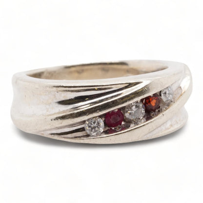 10K White Gold Red Stones And Diamonds Tapered Shank Band