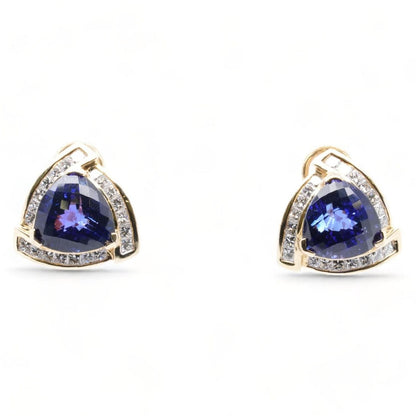 14K Gold Triangle Tanzanite With Diamond Halo Stud Earrings