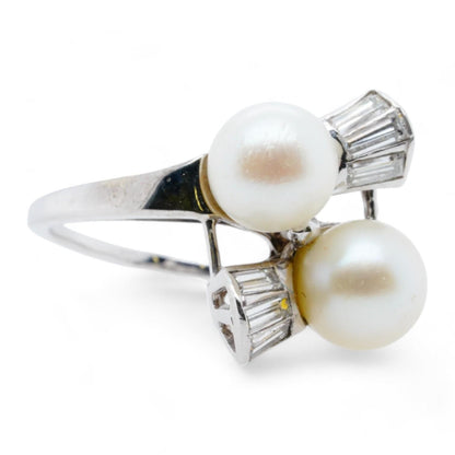 14K White Gold Cultured Akoya Pearls And Baguette Diamonds Cocktail Ring