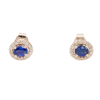 10K White Gold Oval Blue Sapphire With Diamond Halo Stud Earrings