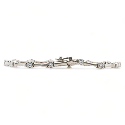 14K White Gold Bamboo Style Link Bracelet With Round Diamonds