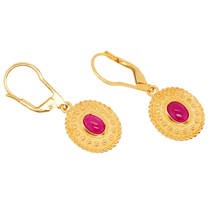 14K Gold Ruby Cabochon Dangle Earrings