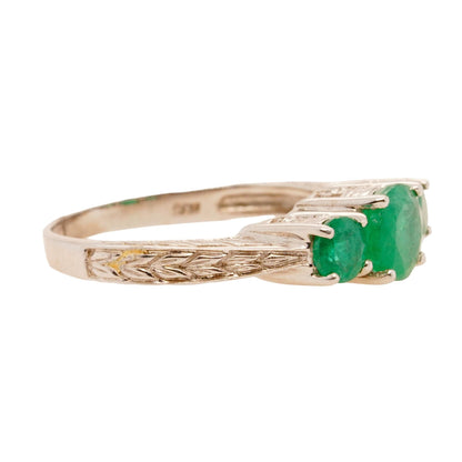 14K White Gold Three Stone Round Emerald Band