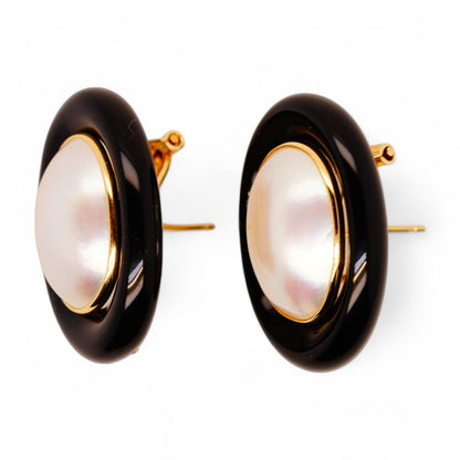 14K Gold Onyx And Mobe Pearl Omega Back Earrings