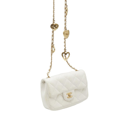 White Mini Flap Bag with Heart Charms in Leather