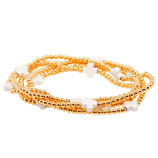 White Cross Gold Tone Bead Stack Bracelet