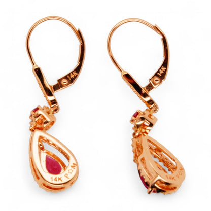 14K Rose Gold Pear Shaped Rhodolite Garnet With Diamond Halo Dangle Earrings