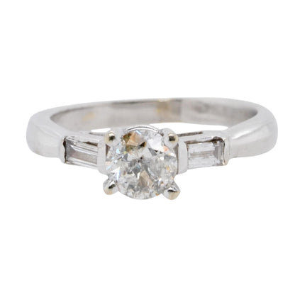 10K White Gold Solitaire Diamond With Baguette Sides Engagement Ring