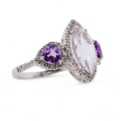 14K White Gold Marquise And Heart Three Stone Amethyst With Diamond Accents Ring