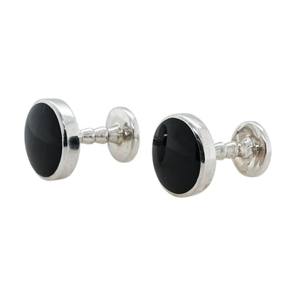 Round Silver Tone And Black Stone Cufflinks