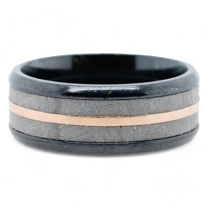 Zirconium Beveled Meteorite And 14K Rose Gold Inlay Beveled Band