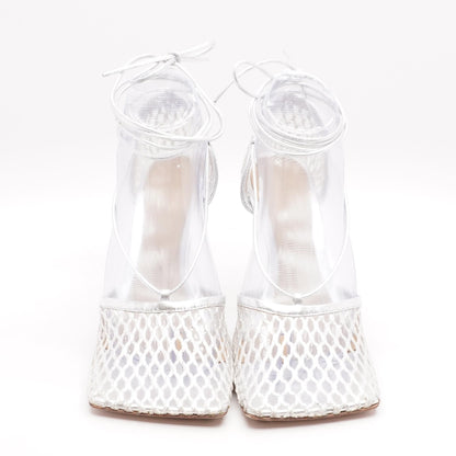 Stretch Lace-Up Silver Platform Heels