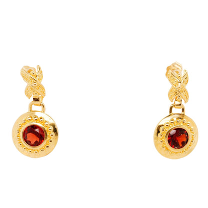 14K Gold Etruscan Style Round Garnet Dangle Earrings