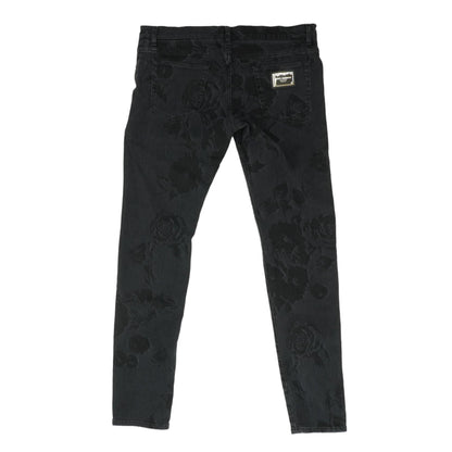 Black Rose-Print Skinny Jeans