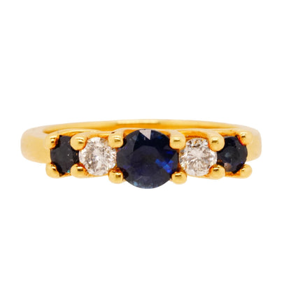 18K Gold Three Round Blue Sapphires And Two Round Diamonds Band