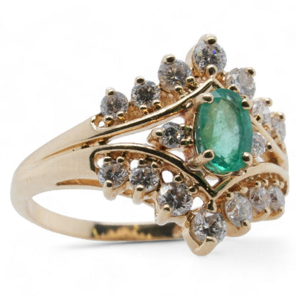 14K Gold Oval Emerald With Diamond Accents Ring