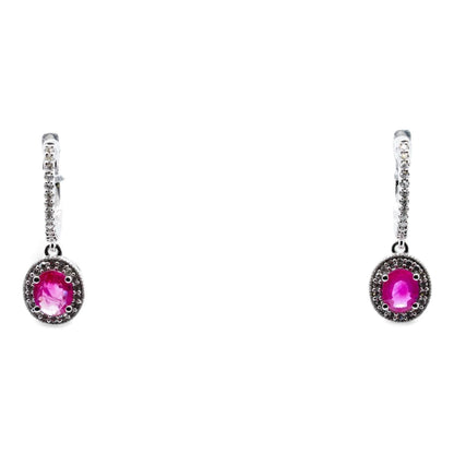 14K White Gold Oval Ruby Dangle Earrings With Diamond Halo and Accents