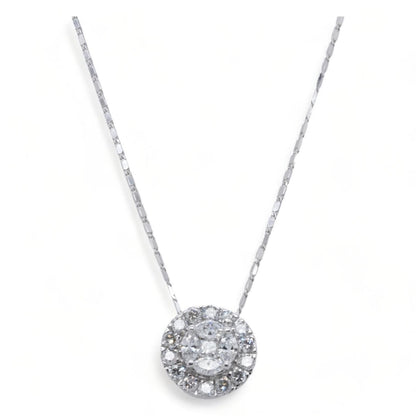 14K White Gold Round Diamond Cluster With Halo Pendant Necklace