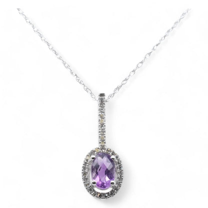 14K White Gold Oval Amethyst With Diamond Halo Pendant Necklace