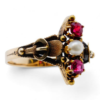 14K Gold Antique Victorian Two Round Rubies And Pearl Cocktail Ring