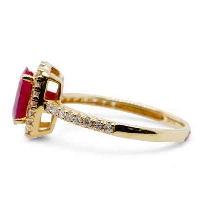 14K Gold Oval Ruby With Diamond Halo And Accents Band