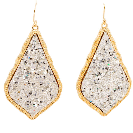 Gold Tone Frame Silver Drusy Drop Earrings