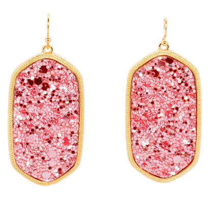 Gold Tone Frame Pink Drusy Drop Earrings