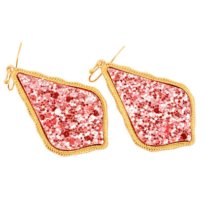 Gold Tone Teardrop Pink Glitter Drop Earrings