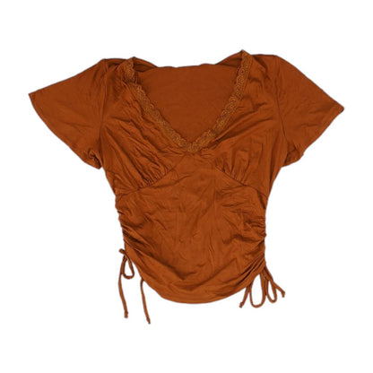 Rust Solid V Neck Knit Top