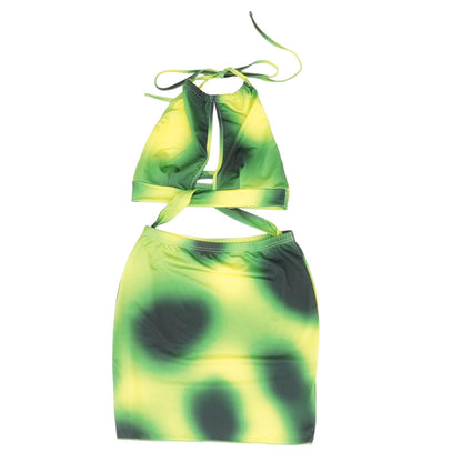 Green Tie Dye Sleeveless Blouse Skirt Set