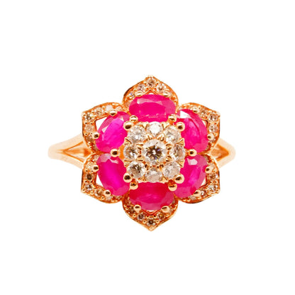 14K Rose Gold Red Stones With Diamonds Flower Cocktail Ring