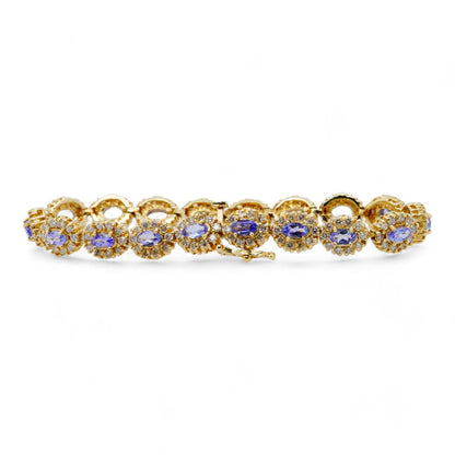 10K Gold Oval Purple Semi Precious Gemstones With Diamond Halos Tennis Bracelet