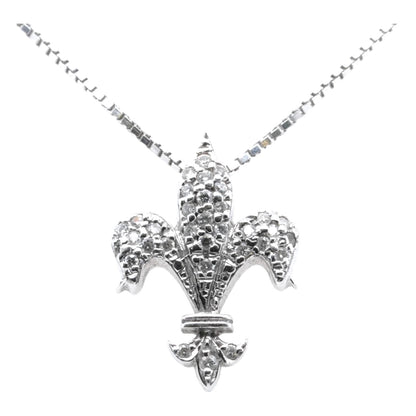 14K White Gold Diamond Pave Fleur De Lis Pendant Box Chain Necklace