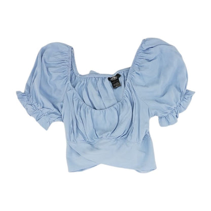 Blue Solid Short Sleeve Blouse