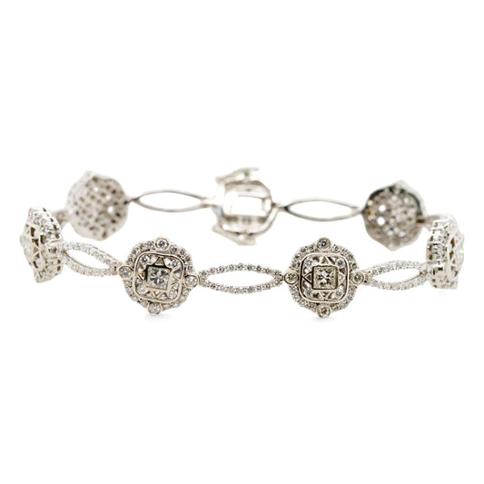 14K White Gold Princess And Round Diamond Cluster Line Bracelet