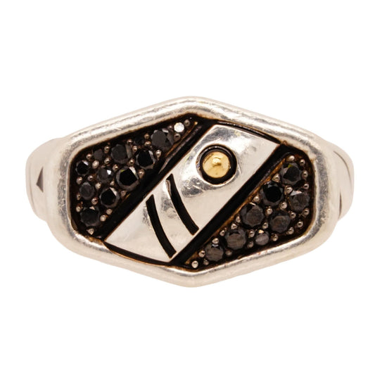 Sterling Silver Matrix Black Diamond Hexagon With 14K Gold Accents Band