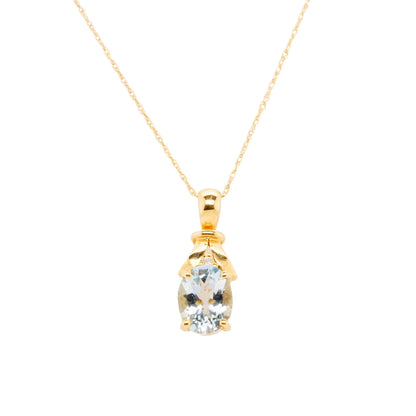 14K Gold Oval Aquamarine With Diamond Accent Pendant Necklace