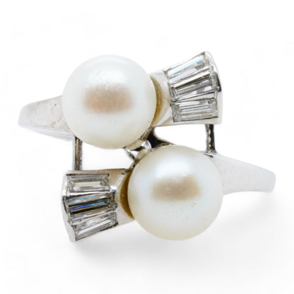 14K White Gold Cultured Akoya Pearls And Baguette Diamonds Cocktail Ring