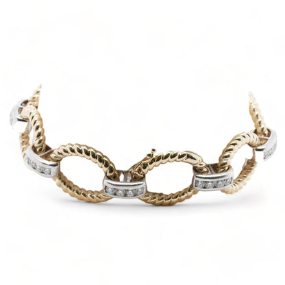 14K Two Tone Gold Oval Cable With Diamond Connecting Links Bracelet