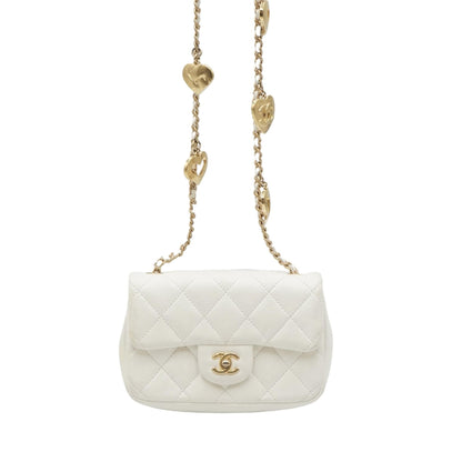 White Mini Flap Bag with Heart Charms in Leather