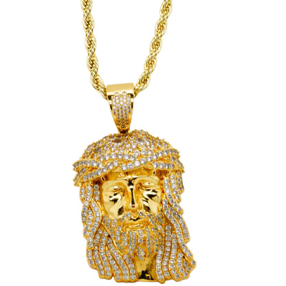 Gold Tone Christ Head Pendant On Rope Chain Necklace