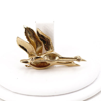 14K Gold Canadian Geese Brooch with Red Stone Eyes