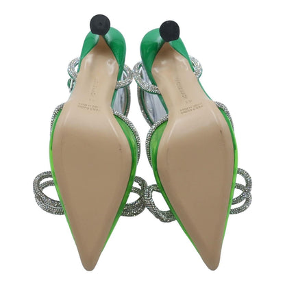 PVC Crystal Embellished Double Bow Ankle Strap Pumps Green Pump Heels