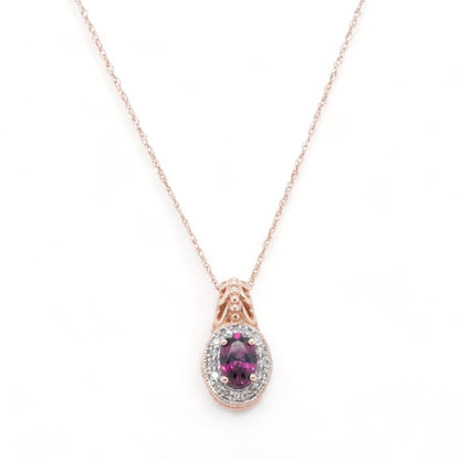 10K Rose Gold Oval Garnet Pendant Necklace With Diamond Halo