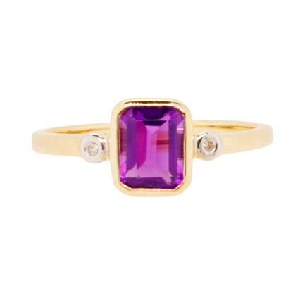 10K Gold Bezel Set Emerald Shaped Amethyst With Diamond Accents Ring