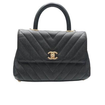 Black Chevron Quilted Coco Top Handle Bag in Caviar Leather